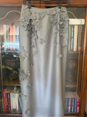 H&M Silver Gray Embroidered Floral Midi Skirt